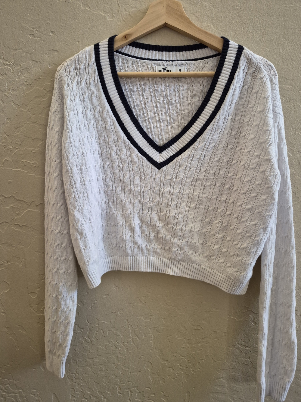 White Cable-Knit V-Neck Sweater with Navy Trim - Hollister